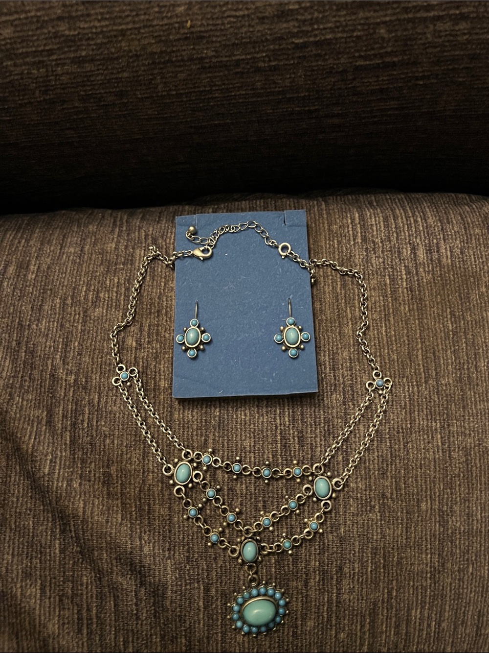 Avon Antique Gold-Tone Necklace and Earrings with Turquoise Stones